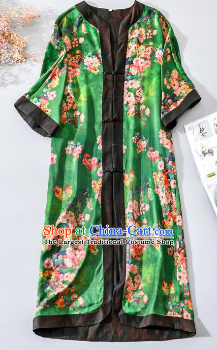 China Classical Begonia Pattern Tang Suit Dust Coat Traditional Cheongsam Green Silk Overcoat