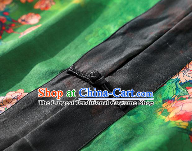 China Classical Begonia Pattern Tang Suit Dust Coat Traditional Cheongsam Green Silk Overcoat