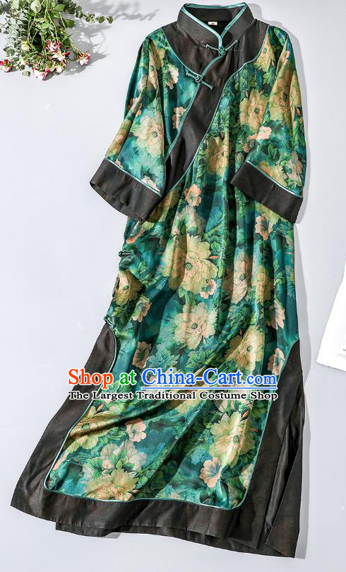 Asian Chinese Classical Peony Pattern Design Green Silk Cheongsam Traditional Old Shanghai Qipao Dress Clothing