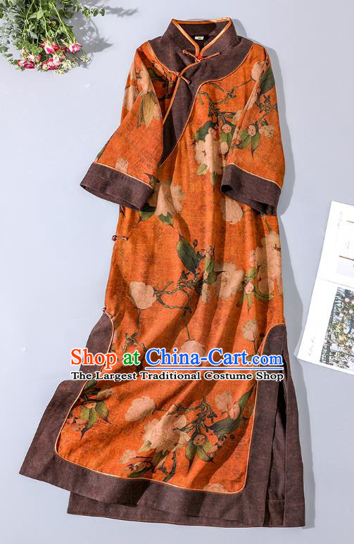 Asian Chinese Traditional Shanghai Orange Silk Qipao Dress Clothing Classical Mangnolia Pattern Design Cheongsam