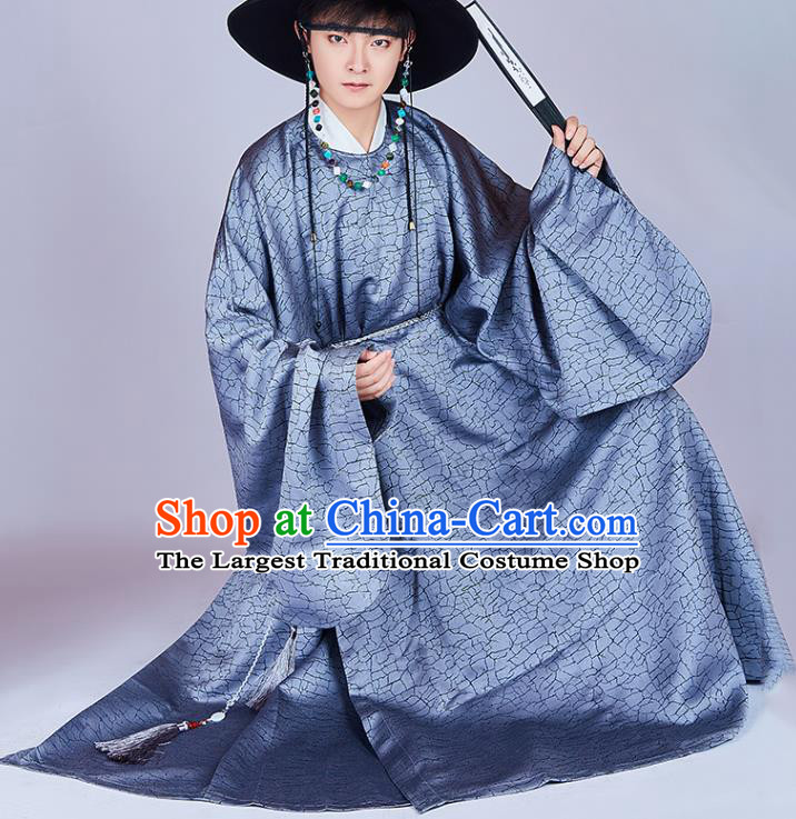 Chinese Traditional Ming Dynasty Historical Clothing Ancient Swordsman Grey Hanfu Robe