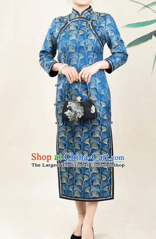 Asian Chinese Classical Shell Pattern Blue Silk Cheongsam Costume Traditional Mother Song Brocade Qipao Dress