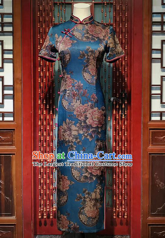 Asian Chinese Classical Peony Pattern Blue Brocade Cheongsam Traditional Bride Mother Qipao Dress National Woman Clothing