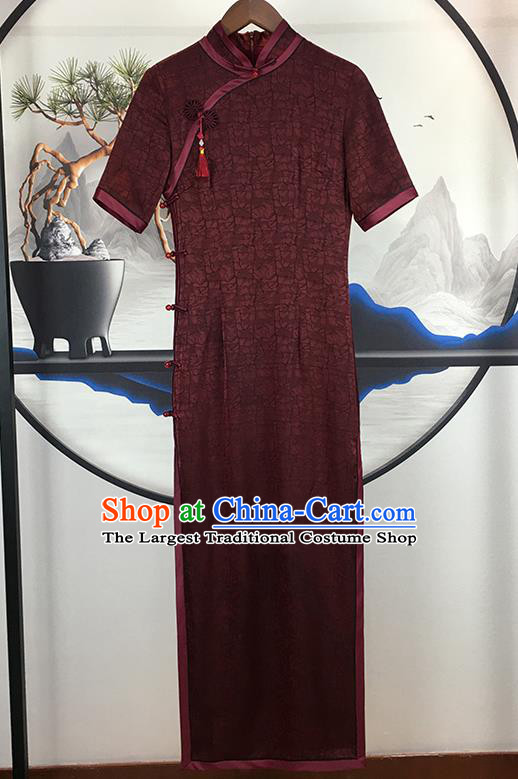 Chinese Traditional Purplish Red Silk Qipao Dress Clothing Classical Elderly Woman Cheongsam
