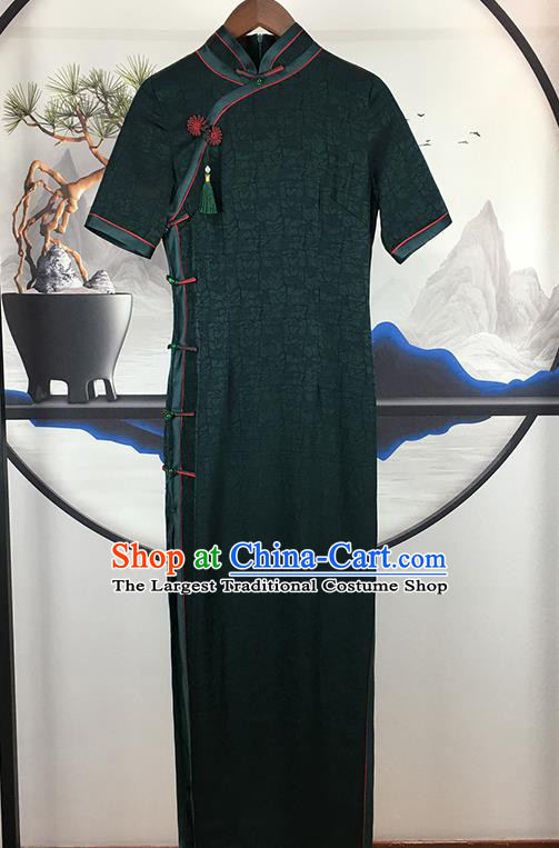 Chinese Classical Young Mistress Cheongsam Traditional Deep Green Silk Qipao Dress Clothing
