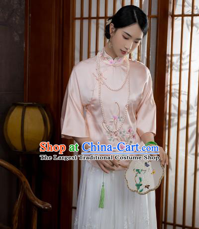 China Traditional Tang Suit Shirt Upper Outer Garment National Woman Embroidered Pink Silk Blouse