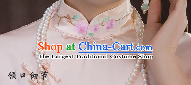 China Traditional Tang Suit Shirt Upper Outer Garment National Woman Embroidered Pink Silk Blouse