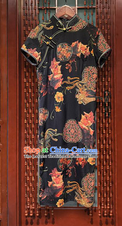 Chinese Classical Dance Black Short Qipao Dress Printing Phoenix Peony Cheongsam Costume