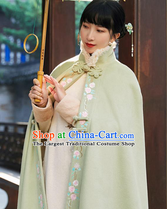 Chinese Traditional Embroidered Green Woolen Cape Costume National Women Tang Suit Long Cloak Overcoat