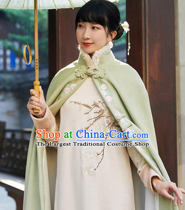 Chinese Traditional Embroidered Green Woolen Cape Costume National Women Tang Suit Long Cloak Overcoat