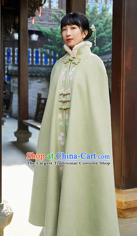 Chinese Traditional Embroidered Green Woolen Cape Costume National Women Tang Suit Long Cloak Overcoat