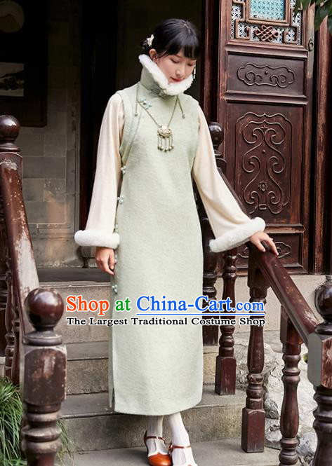 China Traditional Green Woolen Cheongsam National Winter Lapel Long Qipao Dress Clothing