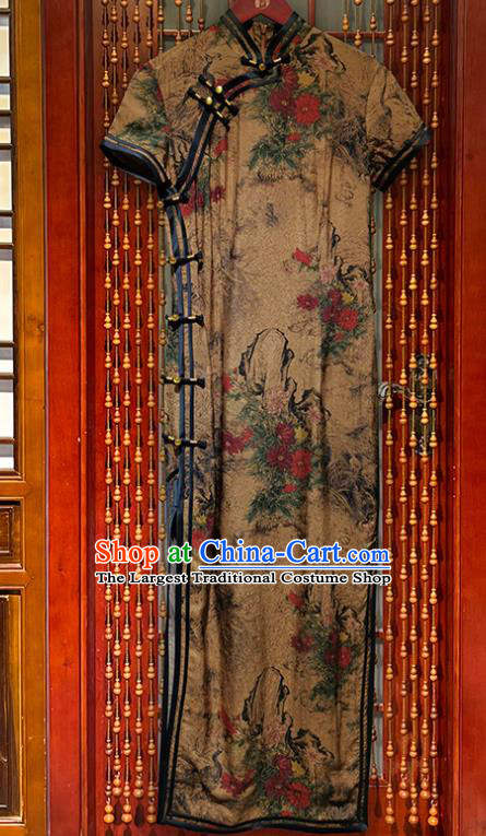 Chinese Classical Printing Chrysanthemum Qipao Dress National Young Lady Khaki Silk Cheongsam Costume