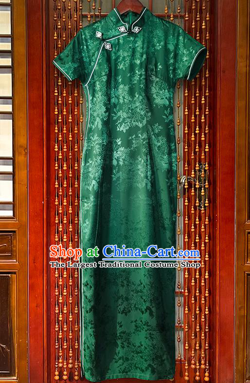 Chinese National Green Brocade Cheongsam Dress Classical Dance Clothing Traditional Jacquard Silk Qipao