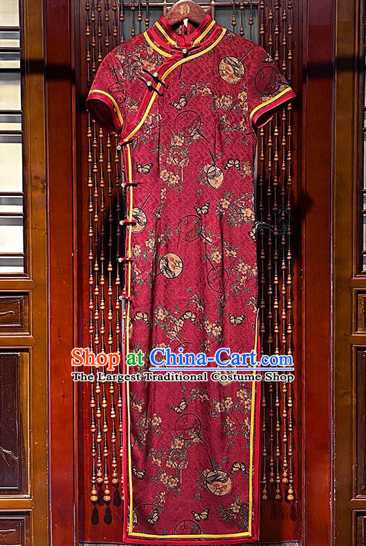 Chinese Classical Fan Dance Clothing Traditional Printing Red Silk Cheongsam Stand Collar Long Qipao Dress