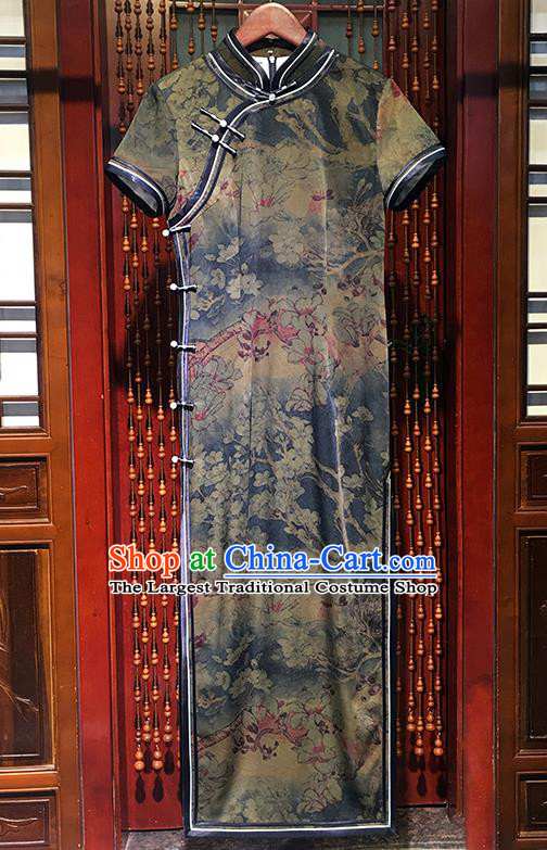 China Traditional Printing Mangnolia Cheongsam Stand Collar Qipao Dress Classical Dance Clothing