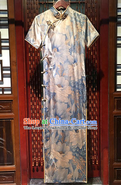 China Traditional Printing Peony Light Blue Cheongsam National Qipao Dress Classical Palace Fan Dance Clothing