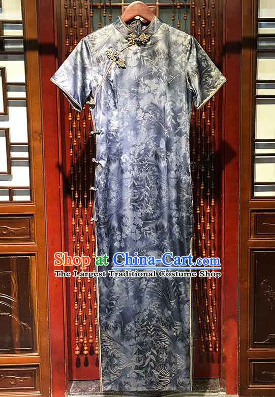 China National Qipao Dress Classical Palace Fan Dance Clothing Traditional Young Mistress Navy Blue Silk Cheongsam