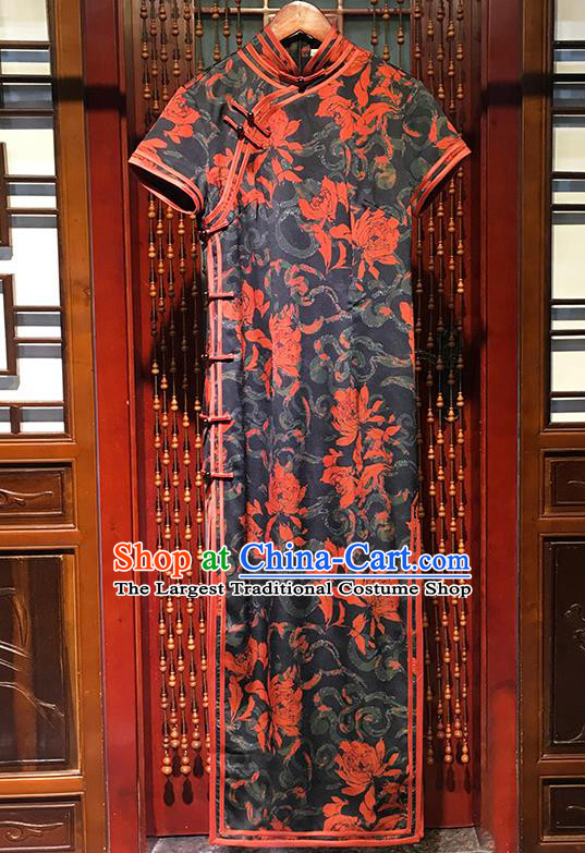 China Classical Dance Clothing Traditional Long Cheongsam National Printing Orange Flowers Qipao Dress