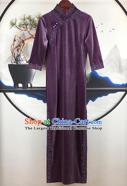 China Modern Stage Show Clothing National Qipao Dress Traditional Purple Velvet Cheongsam