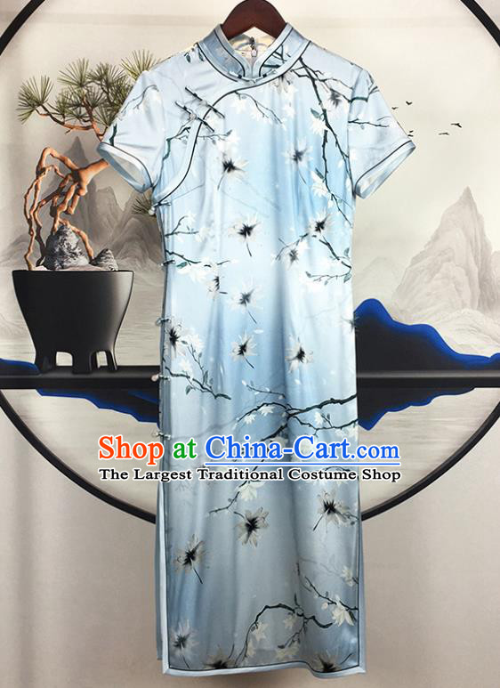 China Classical Palace Fan Dance Clothing Traditional Printing Short Cheongsam National Blue Silk Qipao Dress