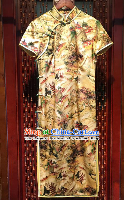 China Traditional Short Cheongsam National Printing Landscape Yellow Silk Qipao Dress Classical Young Beauty Clothing