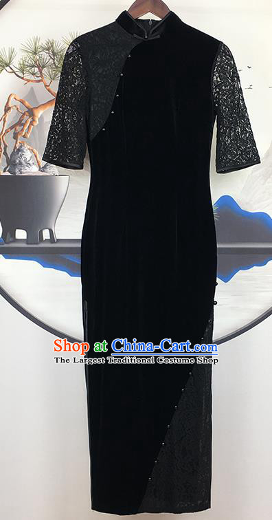 China Traditional Mother Black Velvet Lace Cheongsam National Woman Clothing Modern Catwalks Qipao Dress