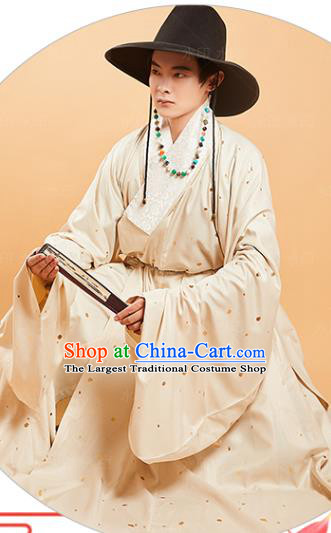 China Ming Dynasty Noble Childe Historical Costume Ancient Swordsman Beige Hanfu Robe for Men