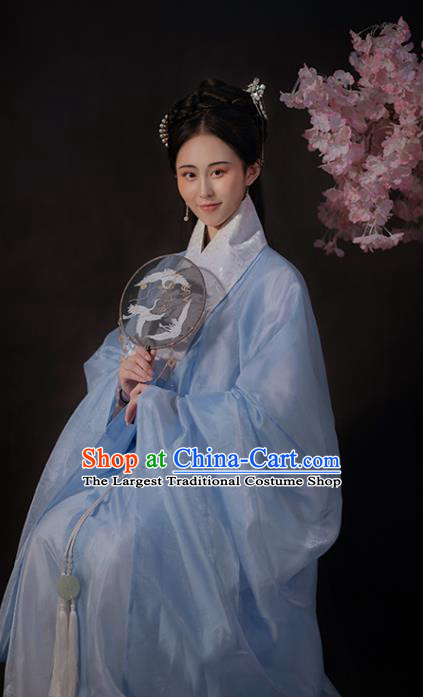 Ancient China Noble Lady Blue Hanfu Dress Traditional Ming Dynasty Patrician Woman Historical Costume