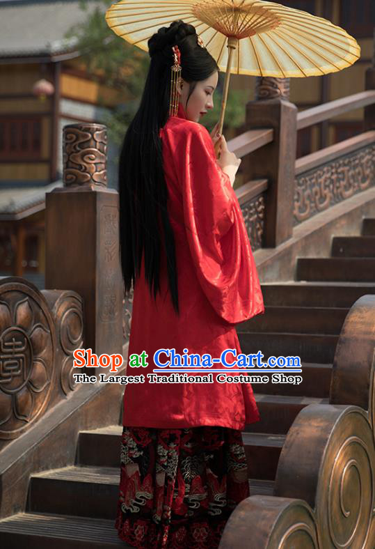 China Ancient Countess Red Hanfu Dress Clothing Traditional Ming Dynasty Wedding Historical Costumes Full Set