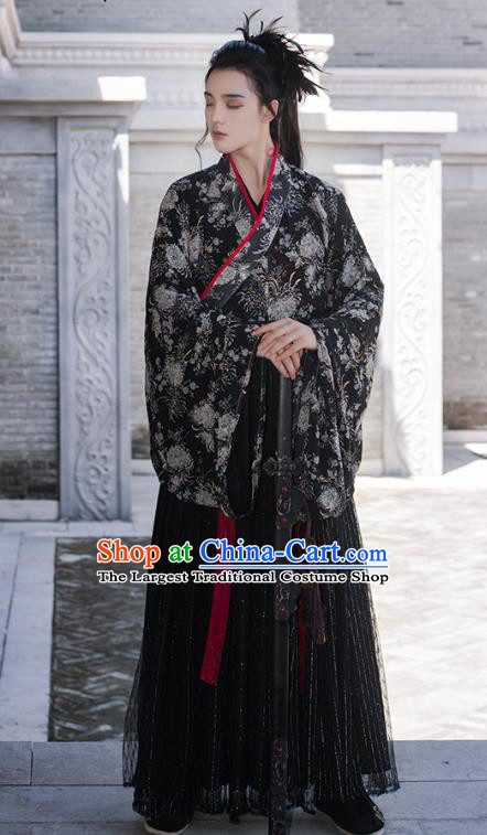 China Ancient Swordsman Black Hanfu Clothing Traditional Jin Dynasty Prince Costumes for Men