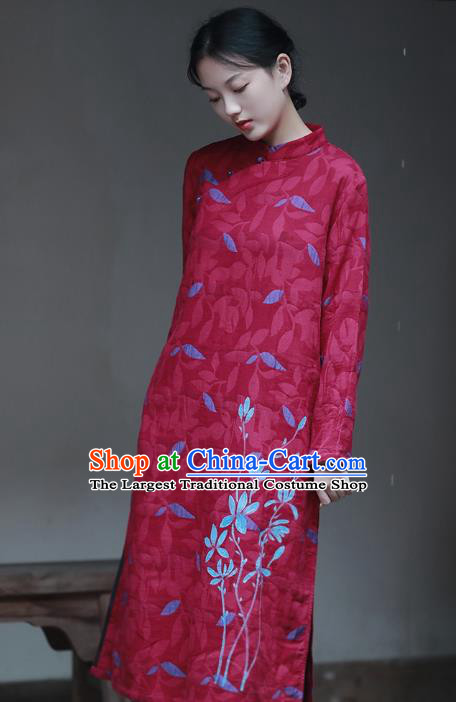 China National Hand Painting Wine Red Flax Qipao Dress Clothing Traditional Young Lady Cheongsam