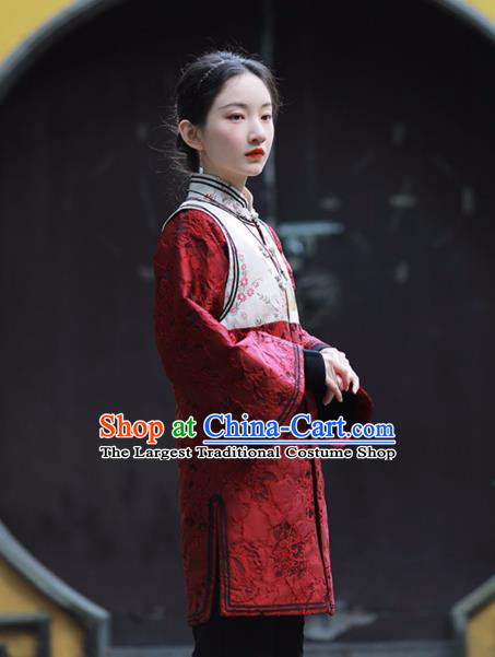 China National Woman Cotton Wadded Jacket Tang Suit Outer Garment Traditional Red Brocade Overcoat Costume
