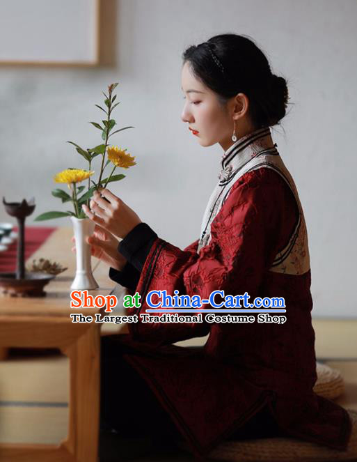 China National Woman Cotton Wadded Jacket Tang Suit Outer Garment Traditional Red Brocade Overcoat Costume