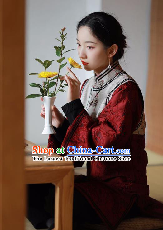 China National Woman Cotton Wadded Jacket Tang Suit Outer Garment Traditional Red Brocade Overcoat Costume