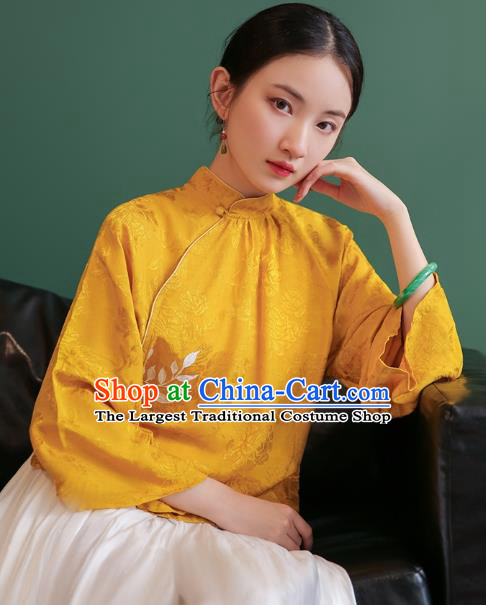 China Tang Suit Golden Silk Shirt Traditional Costume National Woman Stand Collar Blouse