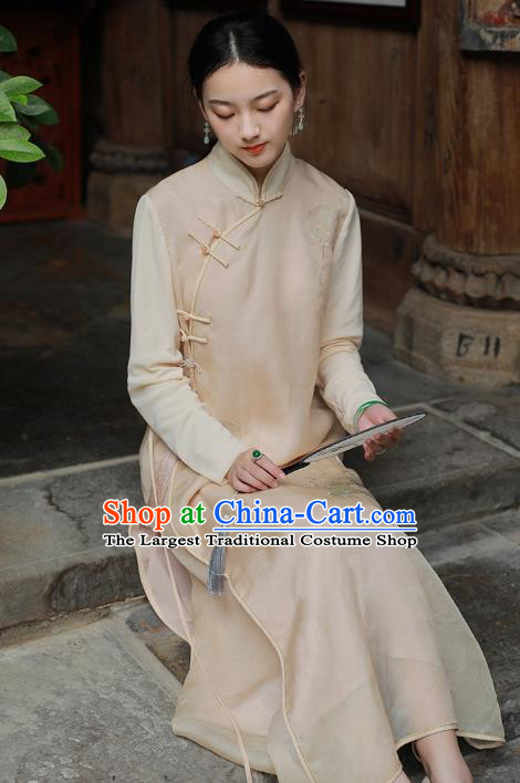 China National Embroidered Qipao Dress Clothing Traditional Young Lady Beige Organdy Cheongsam