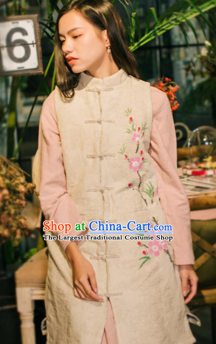 Chinese National Hand Painting Peach Blossom Waistcoat Traditional Beige Flax Vest Costume
