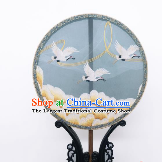 China Ancient Princess Blue Silk Fan Classical Embroidered Cranes Circular Fans Traditional Palace Fan