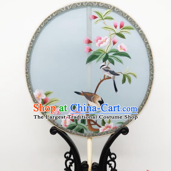 China Classical Embroidered Begonia Circular Fans Traditional Palace Fan Ancient Princess Blue Silk Fan