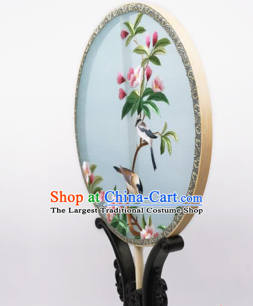 China Classical Embroidered Begonia Circular Fans Traditional Palace Fan Ancient Princess Blue Silk Fan