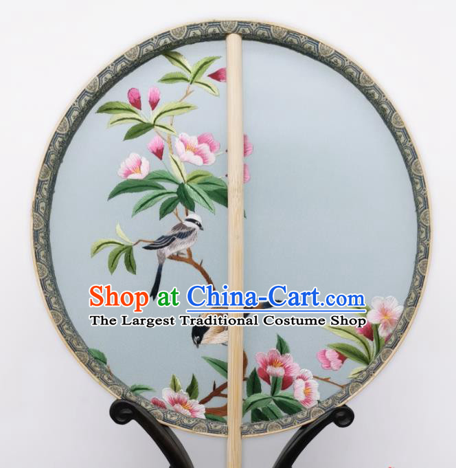 China Classical Embroidered Begonia Circular Fans Traditional Palace Fan Ancient Princess Blue Silk Fan