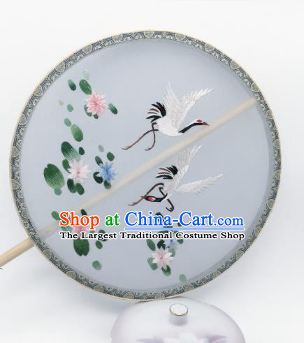 China Traditional Hanfu Palace Fan Suzhou Embroidered Lotus Crane Circular Fan Classical Light Blue Silk Fan