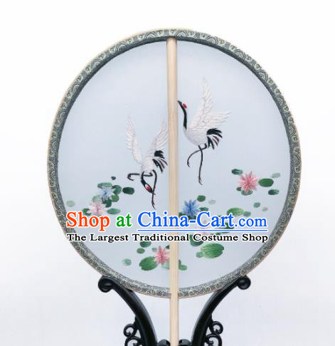 China Traditional Hanfu Palace Fan Suzhou Embroidered Lotus Crane Circular Fan Classical Light Blue Silk Fan