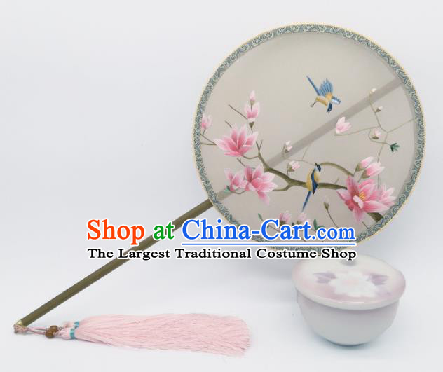 China Suzhou Embroidered Mangnolia Circular Fan Classical Silk Fan Traditional Hanfu Palace Fan