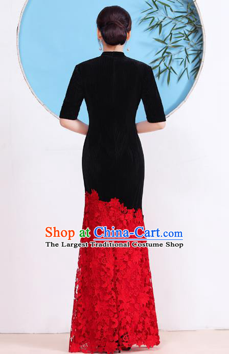China Stage Show Red Lace Fishtail Cheongsam Catwalks Black Velvet Qipao Dress Compere Clothing