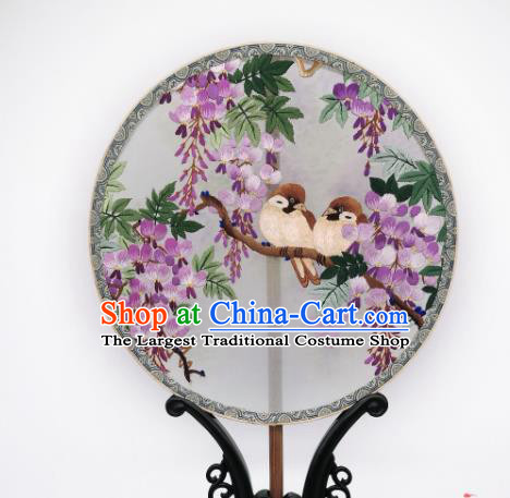 China Classical Dance Silk Circular Fan Traditional Hanfu Palace Fan Suzhou Embroidered Wisteria Bird Fan