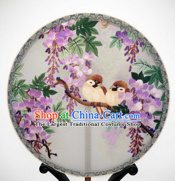 China Classical Dance Silk Circular Fan Traditional Hanfu Palace Fan Suzhou Embroidered Wisteria Bird Fan