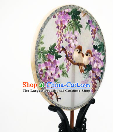 China Classical Dance Silk Circular Fan Traditional Hanfu Palace Fan Suzhou Embroidered Wisteria Bird Fan