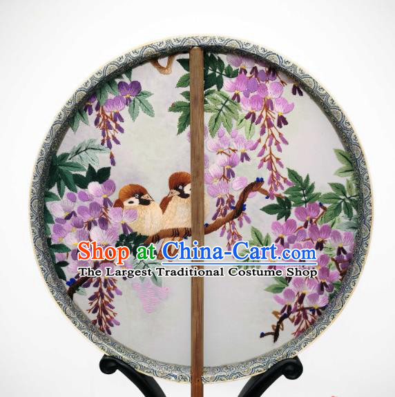 China Classical Dance Silk Circular Fan Traditional Hanfu Palace Fan Suzhou Embroidered Wisteria Bird Fan